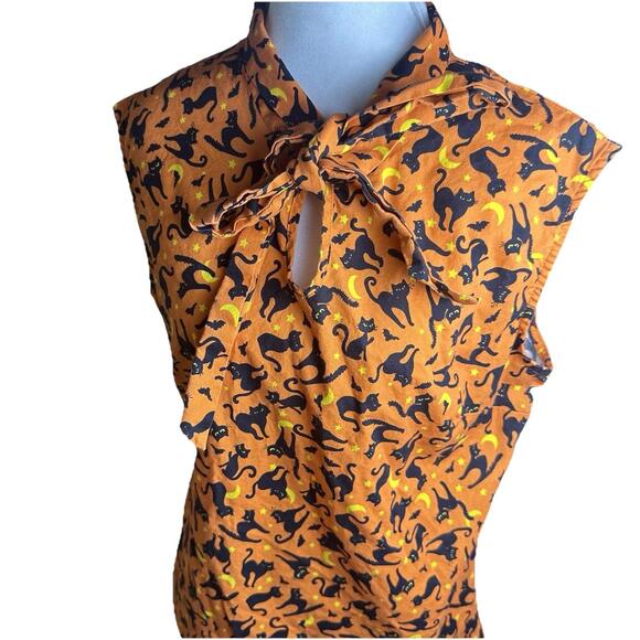 Retrolicious Orange Cat Print Tie Neck Sleeveless Top Sz Xl Halloween Kitty - Picture 6 of 11